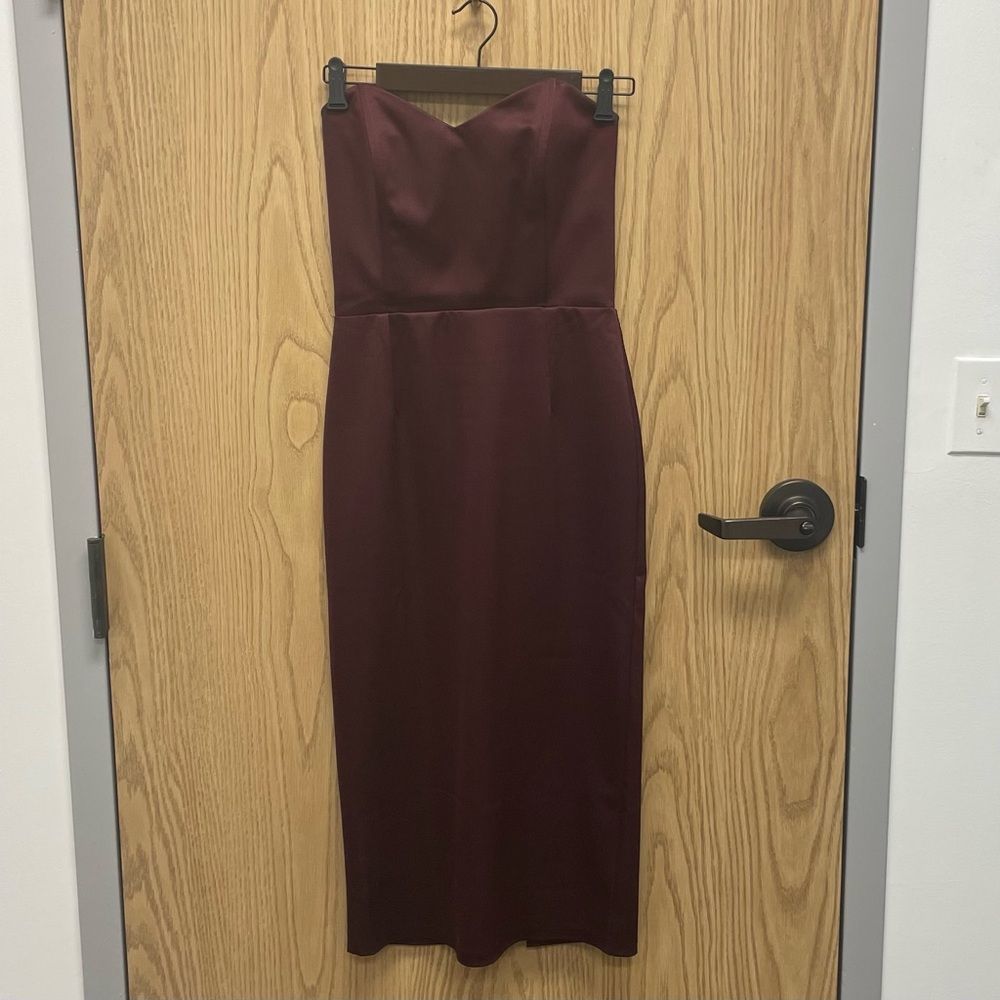 Elagia Burgundy Dark Red Silk Satin Strapless Sweetheart Midi Dress - Picture 2 of 7